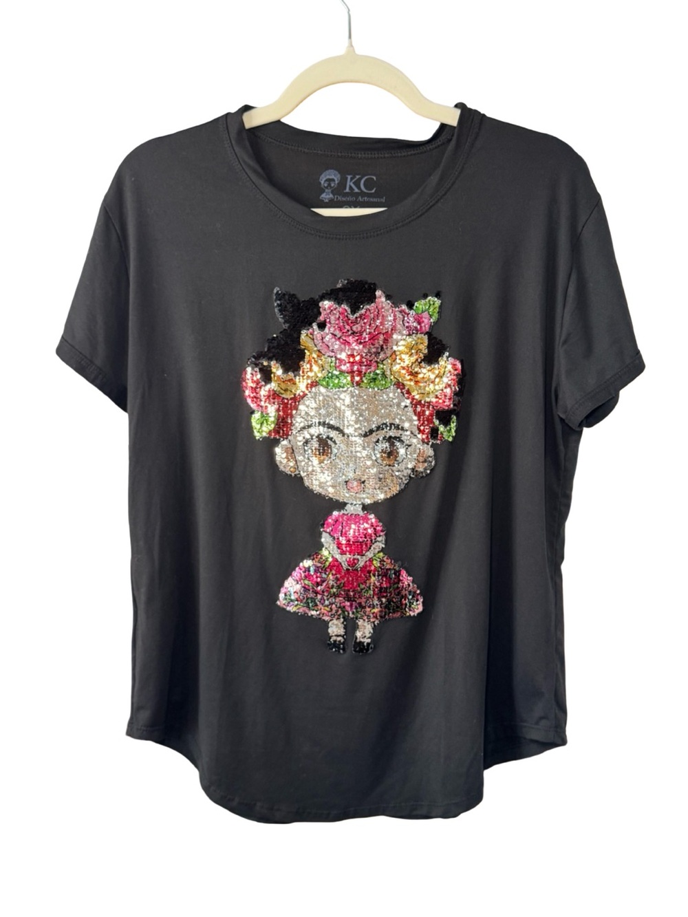KC Frida Kahlo Black Short Sleeve Sequin Graphic Tee - Floral Doll